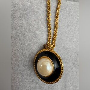 Gold-Tone Black Enamel Pendant Necklace with Pearl Accent